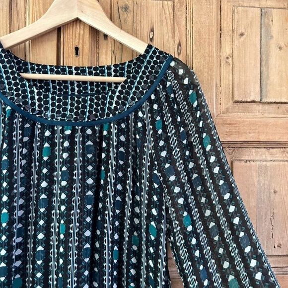 Esprit Women's Size 6 Black Green Sheer Blouse Shirt Top Patterned Long Sleeve - Picture 2 of 7